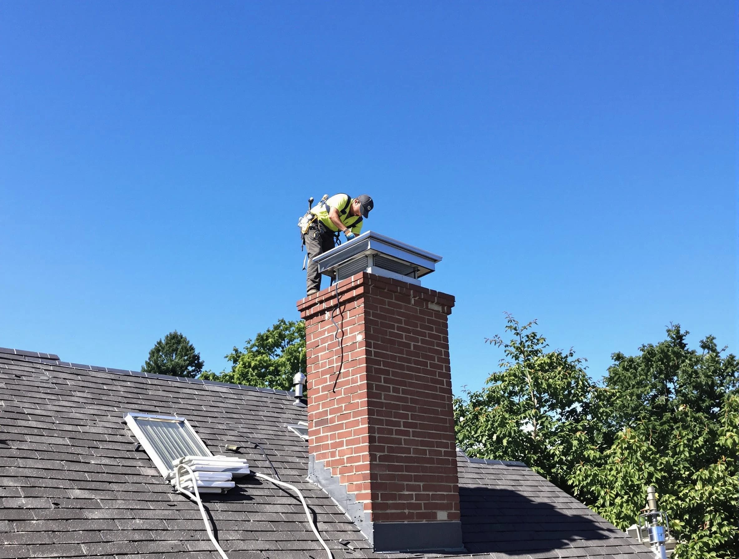 Colonial Beach Chimney Sweep technician measuring a chimney cap in Colonial Beach, VA